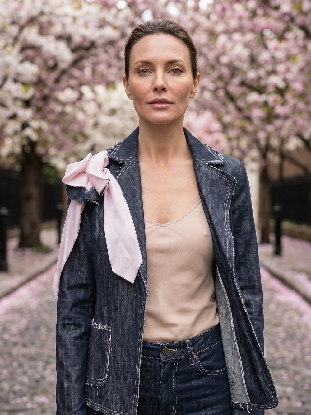 Washed Dark Blue Jean Jacket with Pink Accent